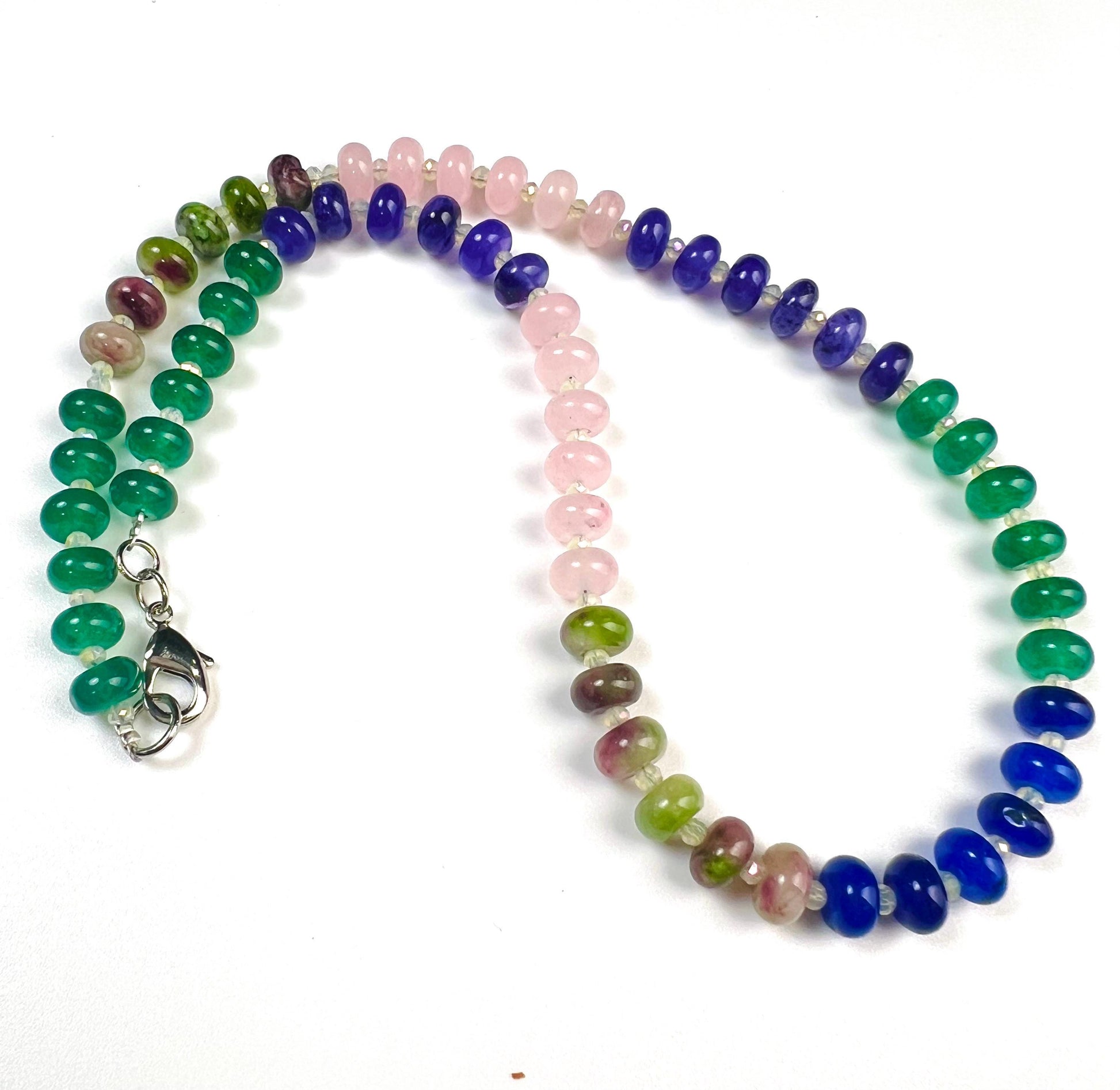 Multi color gemstone 8mm smooth Roundel Rainbow Necklace Rhodium Silver Clasp. Summer jewelry