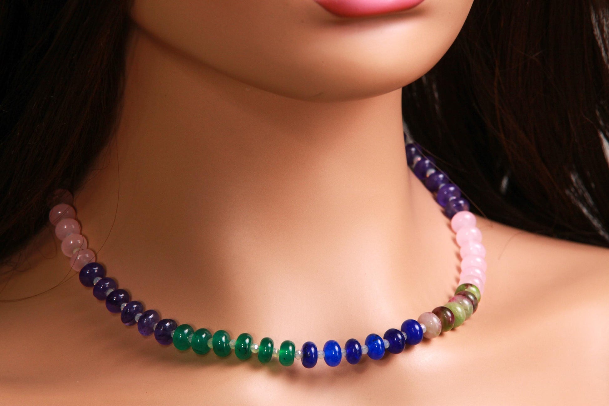 Multi color gemstone 8mm smooth Roundel Rainbow Necklace Rhodium Silver Clasp. Summer jewelry