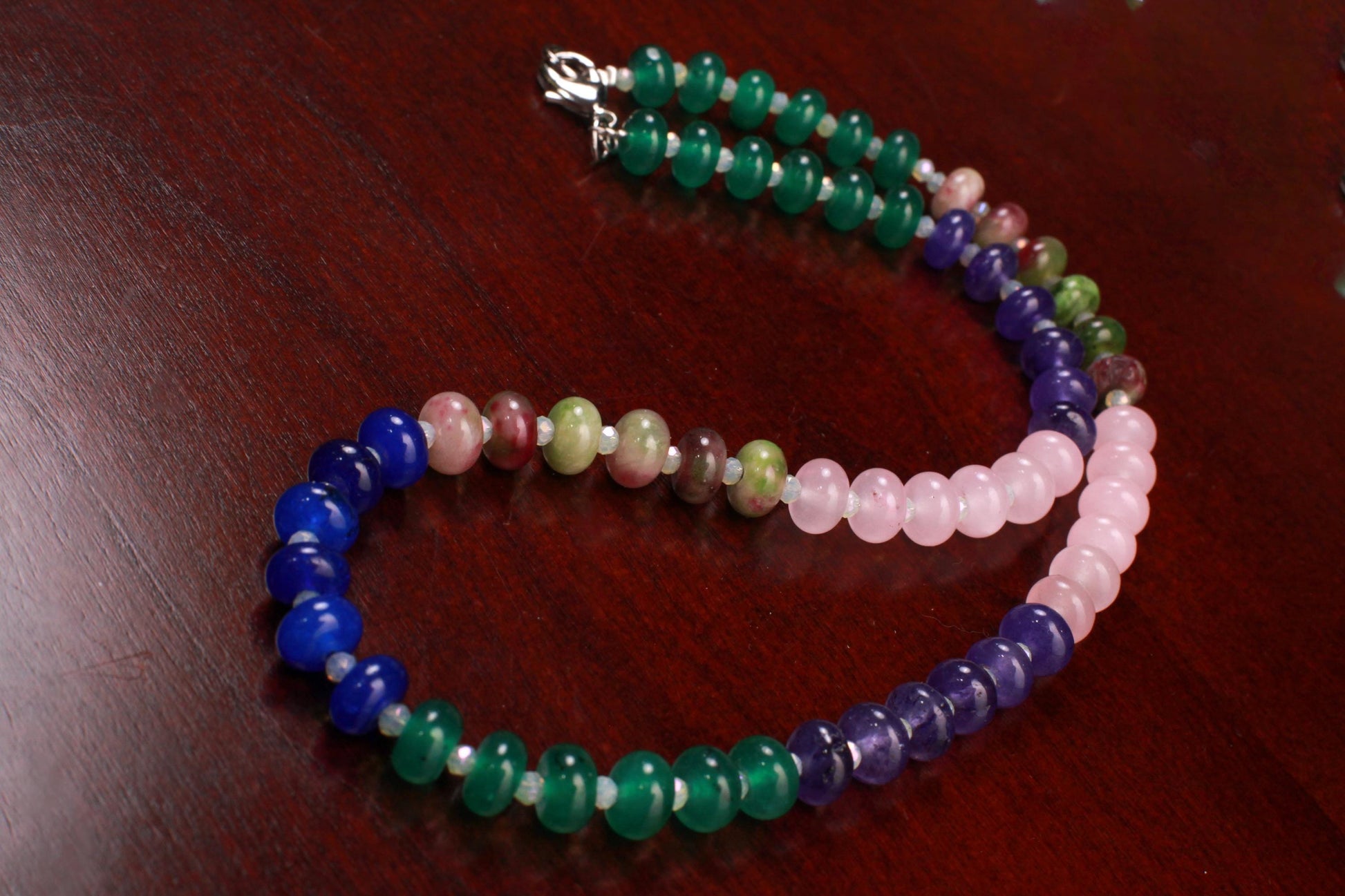 Multi color gemstone 8mm smooth Roundel Rainbow Necklace Rhodium Silver Clasp. Summer jewelry