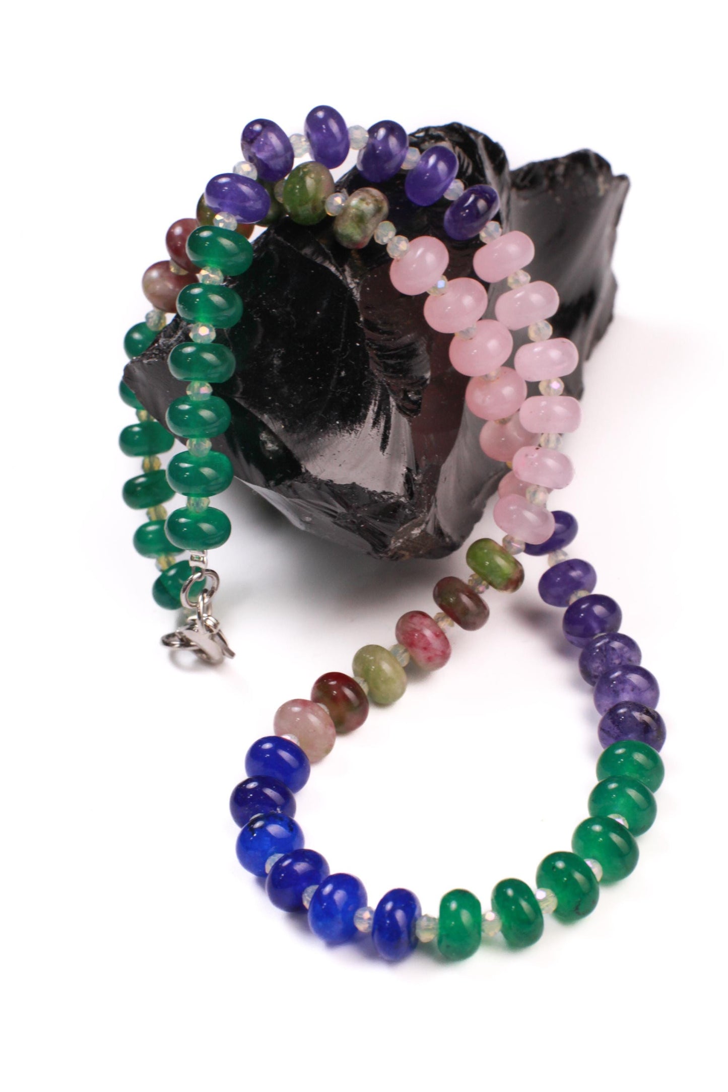 Multi color gemstone 8mm smooth Roundel Rainbow Necklace Rhodium Silver Clasp. Summer jewelry