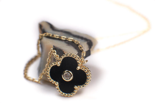 22K Gold Vermeil over Sterling Silver Black Onyx Double Sided 16mm Four Leaf Flower Charm with CZ 16” plus 2” Extender Necklace, Love charm