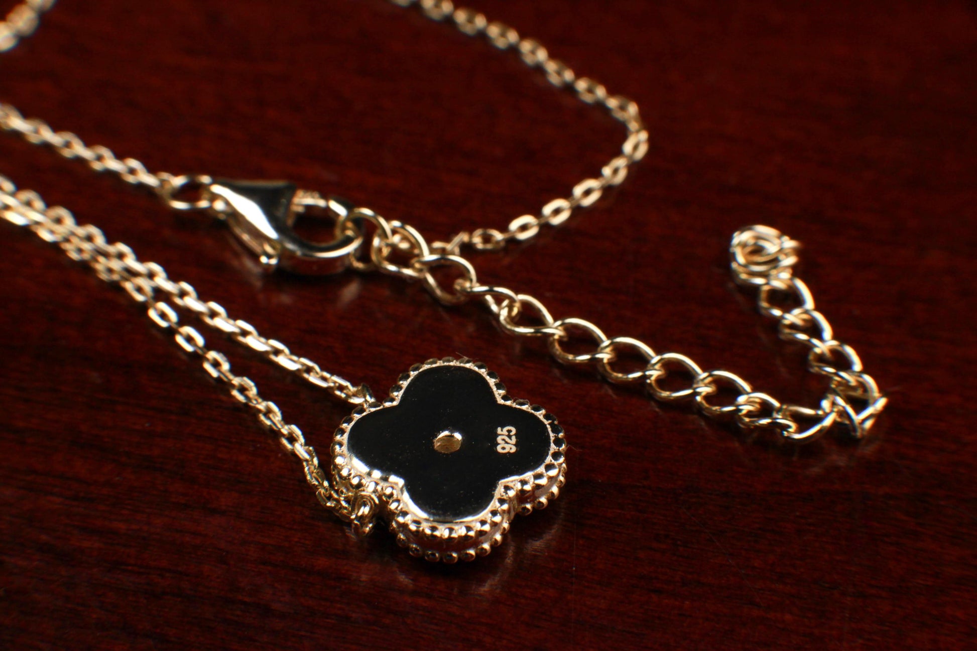 22K Gold Vermeil over Sterling Silver Black Onyx Double Sided 16mm Four Leaf Flower Charm with CZ 16” plus 2” Extender Necklace, Love charm