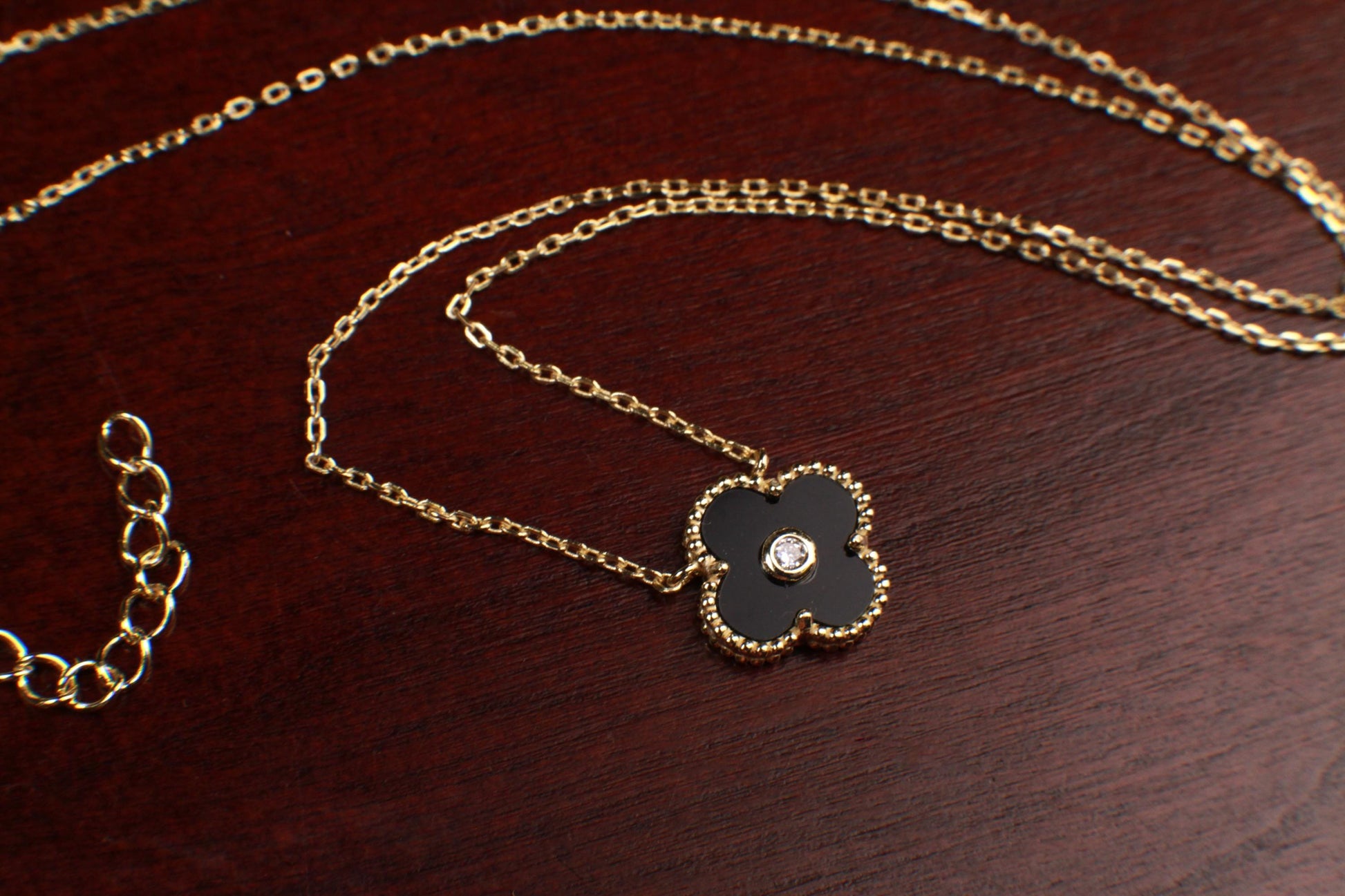 22K Gold Vermeil over Sterling Silver Black Onyx Double Sided 16mm Four Leaf Flower Charm with CZ 16” plus 2” Extender Necklace, Love charm