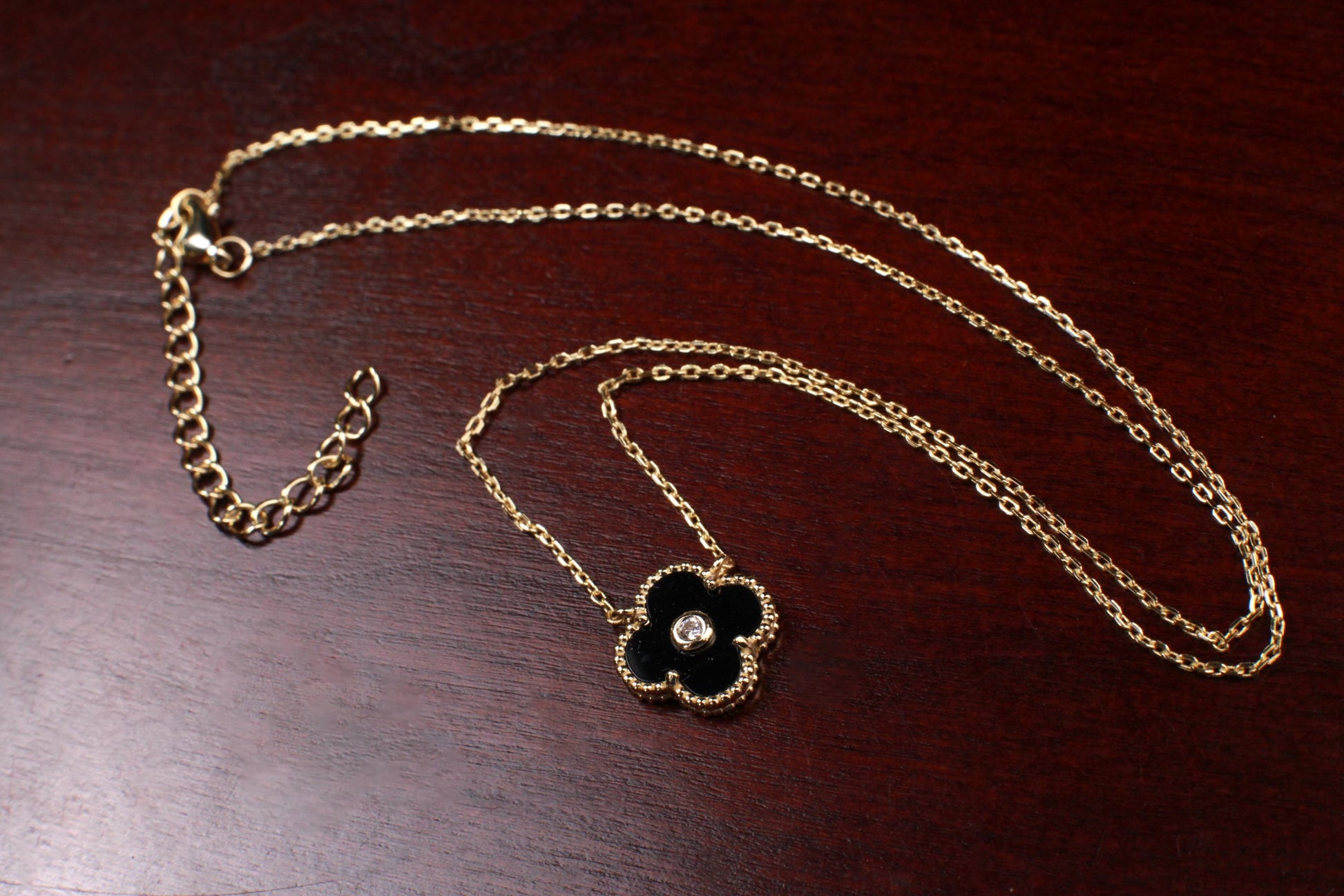 22K Gold Vermeil over Sterling Silver Black Onyx Double Sided 16mm Four Leaf Flower Charm with CZ 16” plus 2” Extender Necklace, Love charm