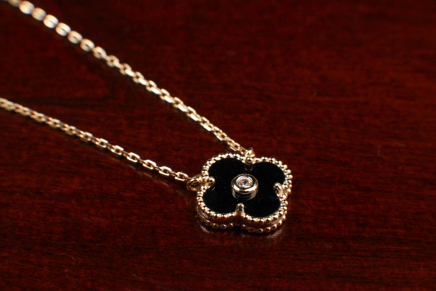 22K Gold Vermeil over Sterling Silver Black Onyx Double Sided 16mm Four Leaf Flower Charm with CZ 16” plus 2” Extender Necklace, Love charm