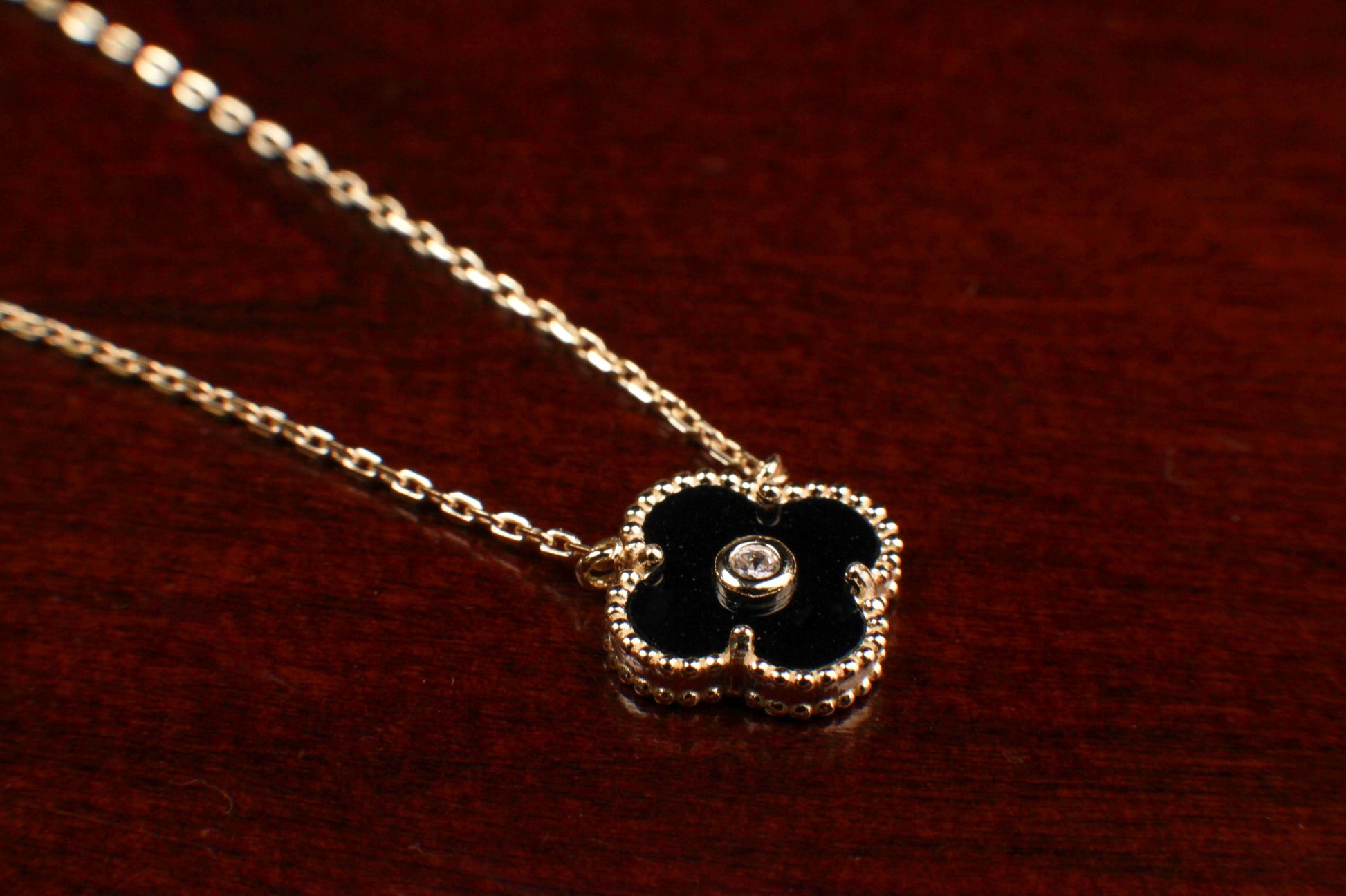22K Gold Vermeil over Sterling Silver Black Onyx Double Sided 16mm Four Leaf Flower Charm with CZ 16” plus 2” Extender Necklace, Love charm