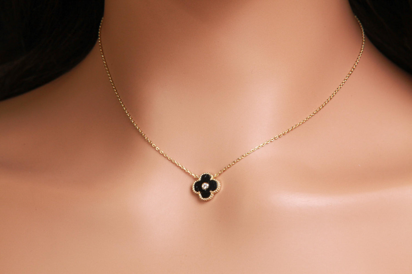 22K Gold Vermeil over Sterling Silver Black Onyx Double Sided 16mm Four Leaf Flower Charm with CZ 16” plus 2” Extender Necklace, Love charm