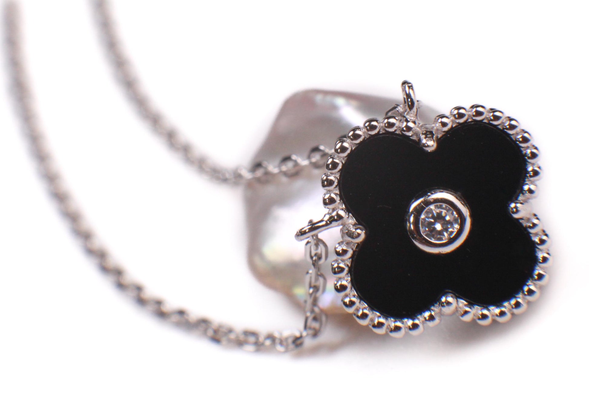 925 Sterling Silver Black Onyx Double Sided 16mm Four Leaf Flower Charm with CZ 16” plus 2” Extender Necklace, Love charm