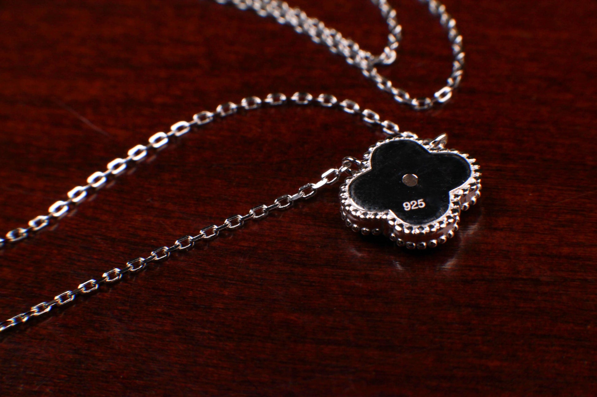 925 Sterling Silver Black Onyx Double Sided 16mm Four Leaf Flower Charm with CZ 16” plus 2” Extender Necklace, Love charm