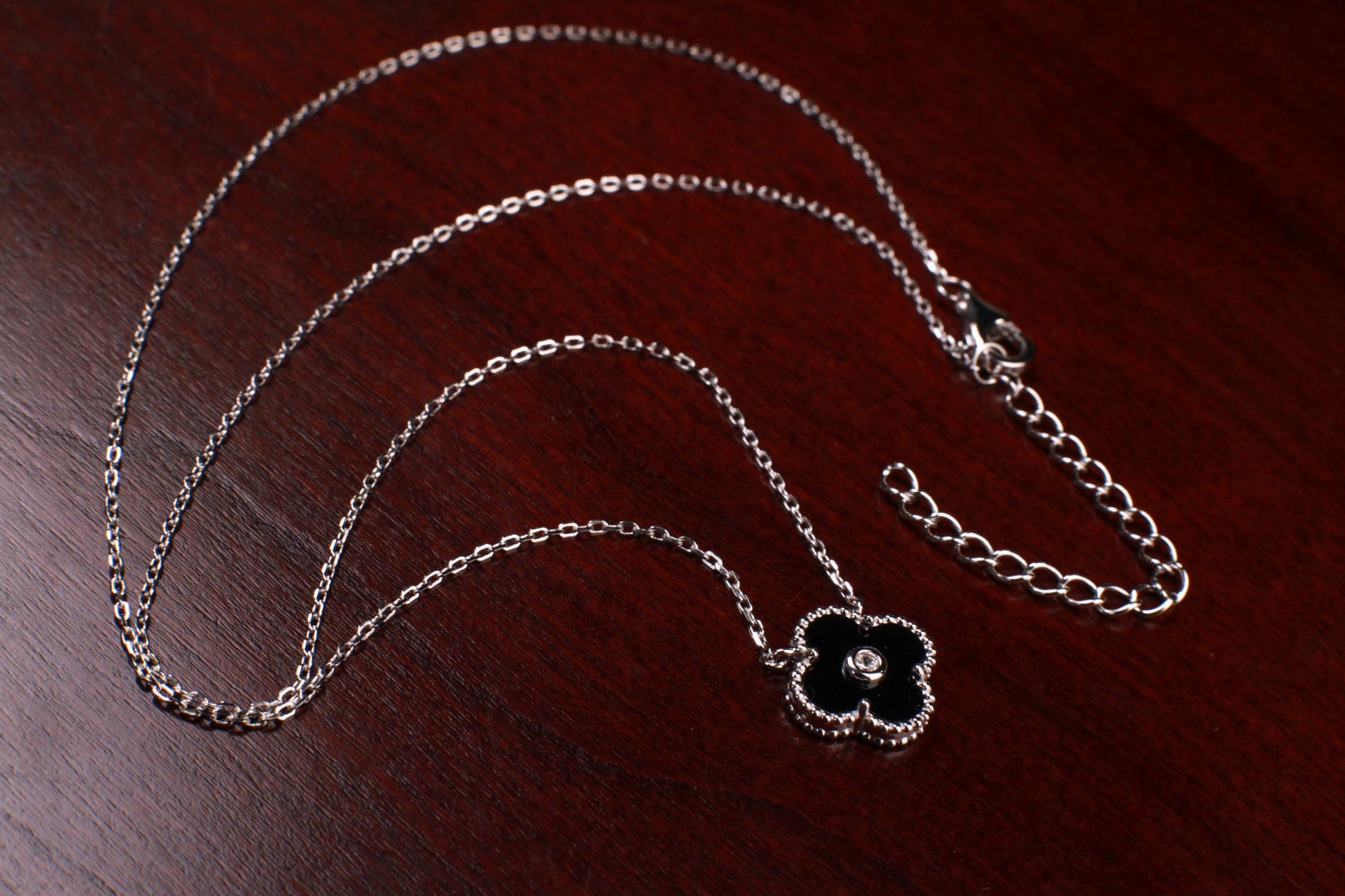 925 Sterling Silver Black Onyx Double Sided 16mm Four Leaf Flower Charm with CZ 16” plus 2” Extender Necklace, Love charm