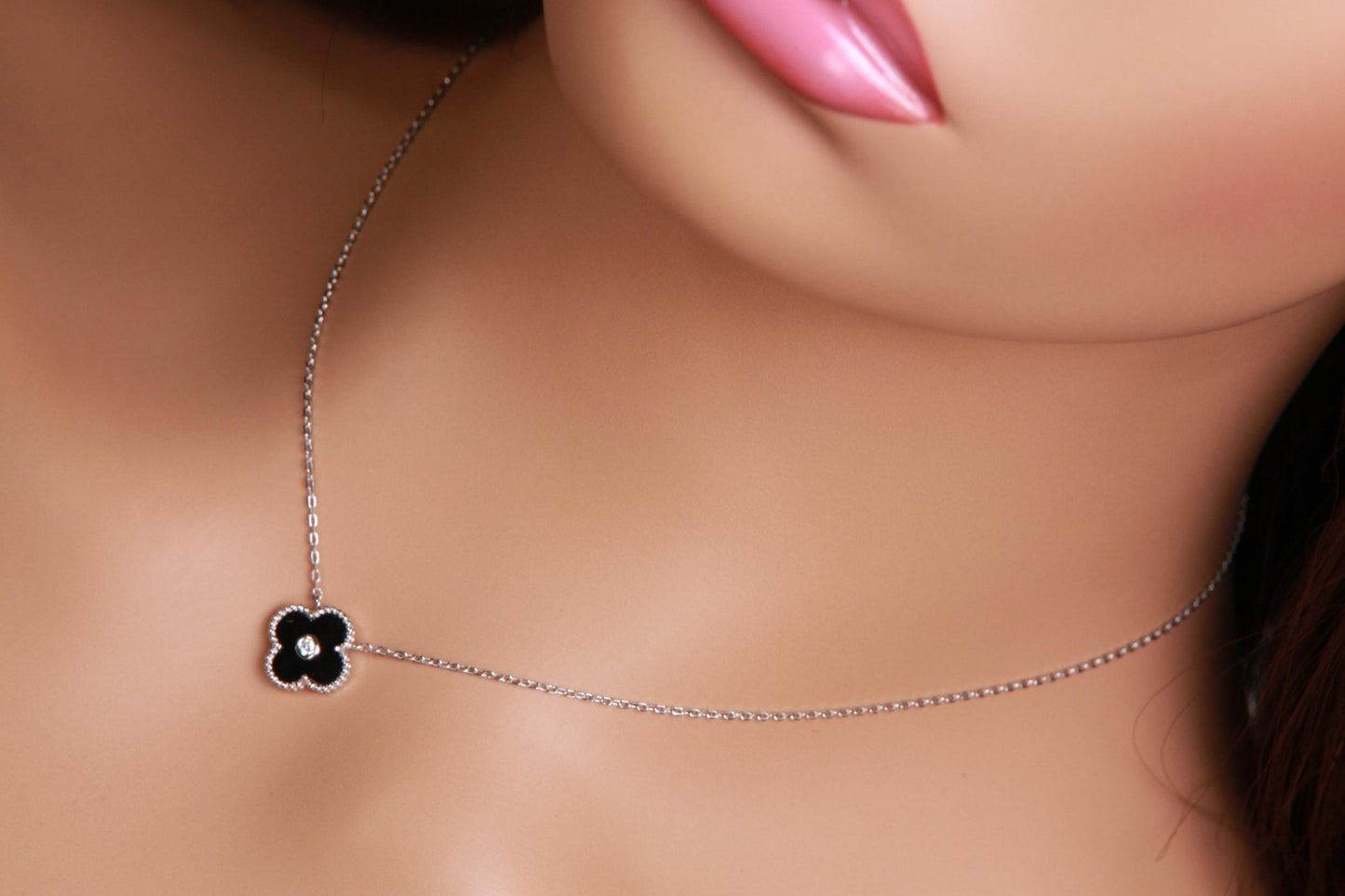925 Sterling Silver Black Onyx Double Sided 16mm Four Leaf Flower Charm with CZ 16” plus 2” Extender Necklace, Love charm