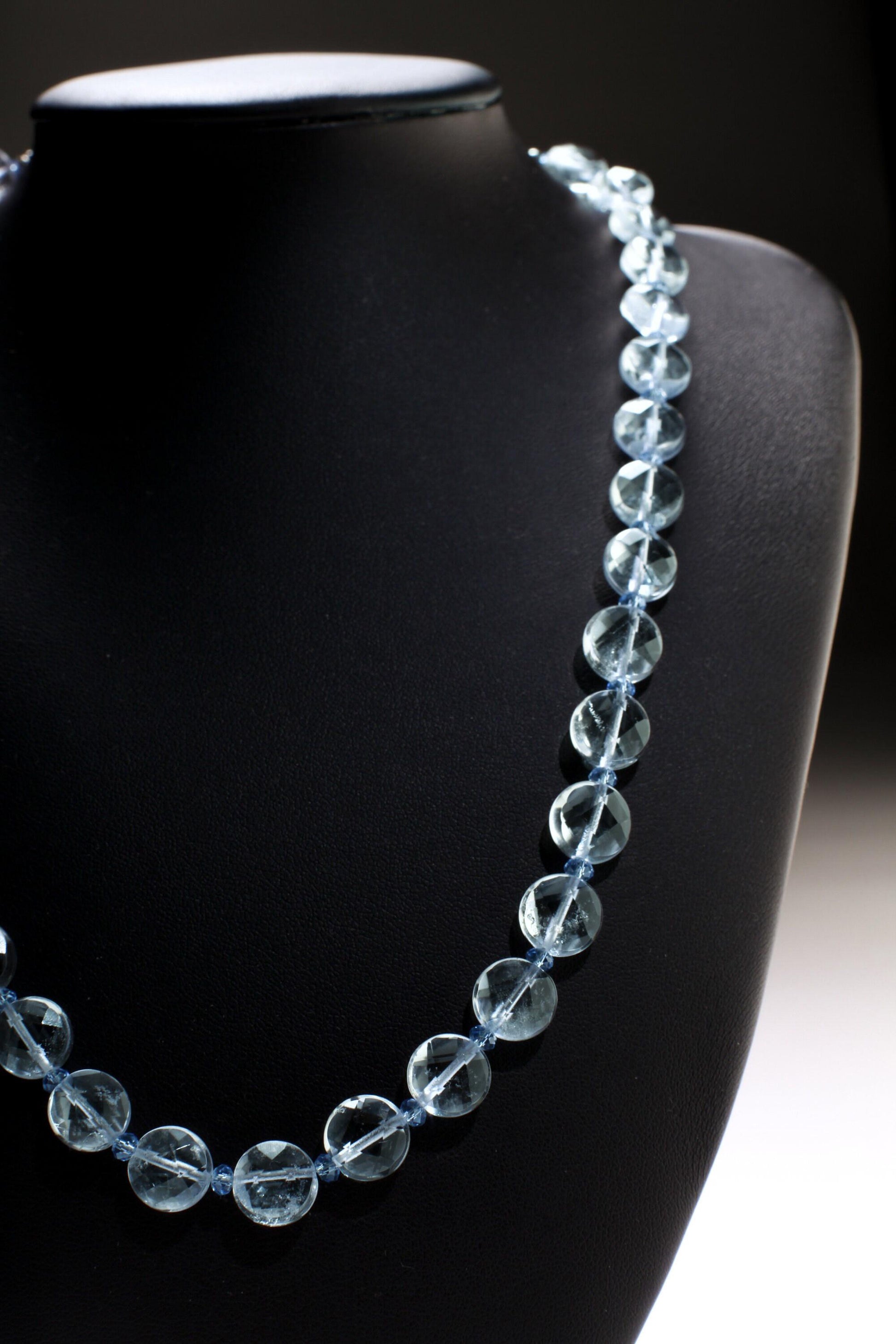 Aquamarine Quartz Faceted 10mm Coin Shape Accented with Crystal Spacers Beads 16” Necklace with 3" Extension Chain