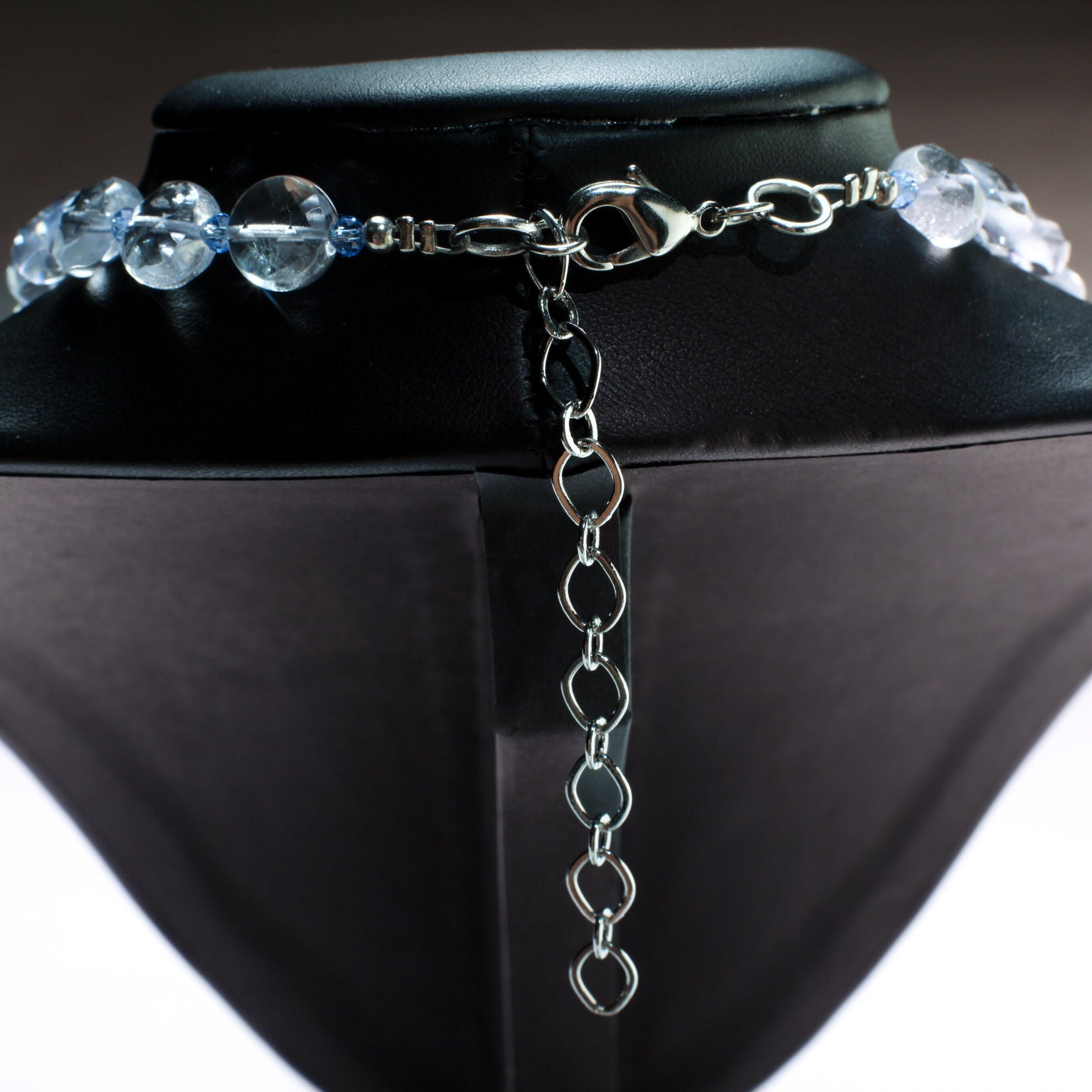 Aquamarine Quartz Faceted 10mm Coin Shape Accented with Crystal Spacers Beads 16” Necklace with 3" Extension Chain