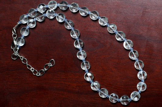 Aquamarine Quartz Faceted 10mm Coin Shape Accented with Crystal Spacers Beads 16” Necklace with 3" Extension Chain