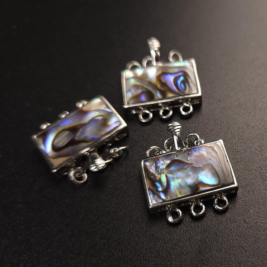 Abalony shell Inlaid 3 loop rhodium clasp Rectangular 12x19mm . Necklace bracelet jewelry making clasp. 1 piece