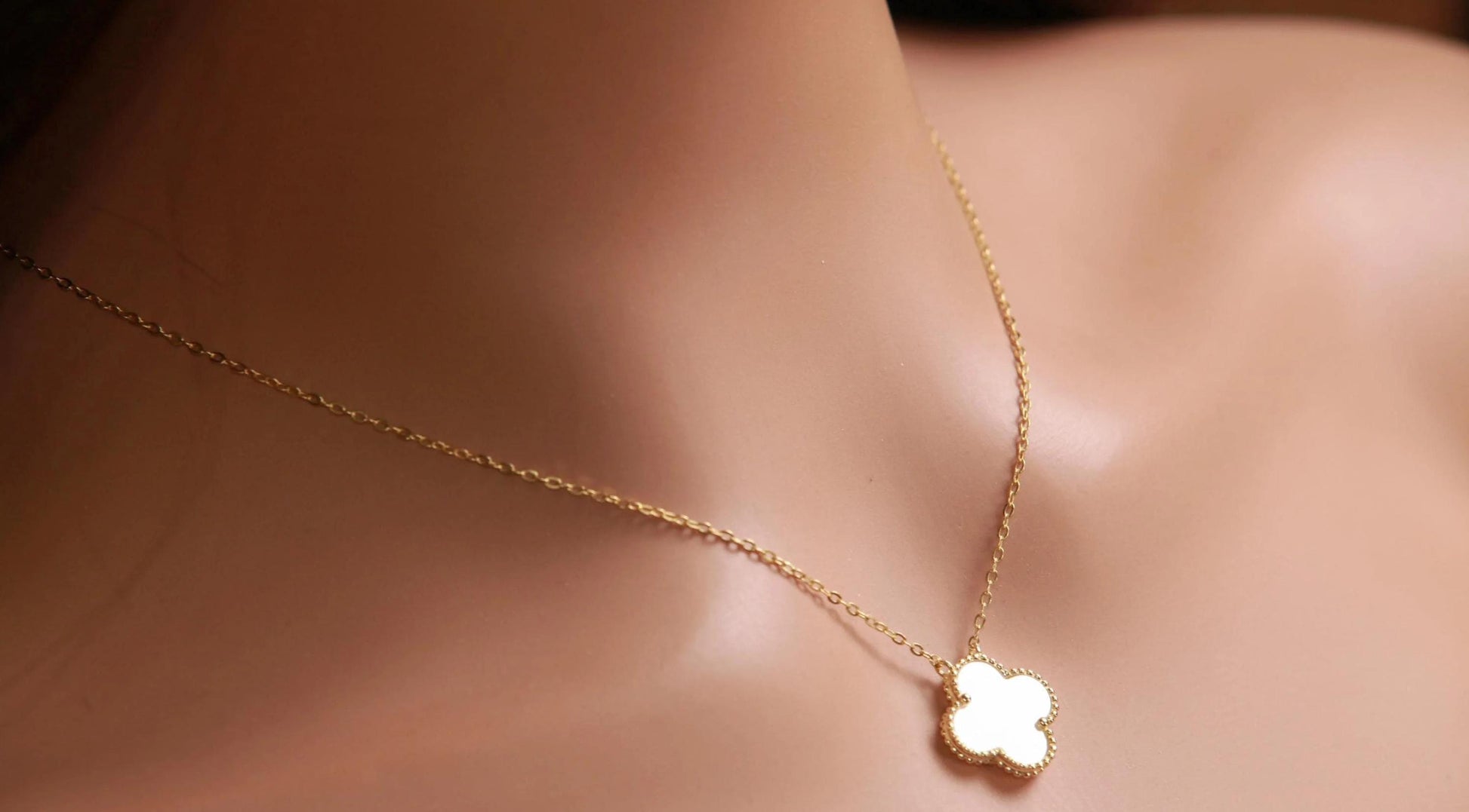 22K Gold Vermeil Sterling Silver White Mother of Pearl Double Sided 16mm four leaf Flower Charm 16” extend to 17” and 18” Necklace, Love