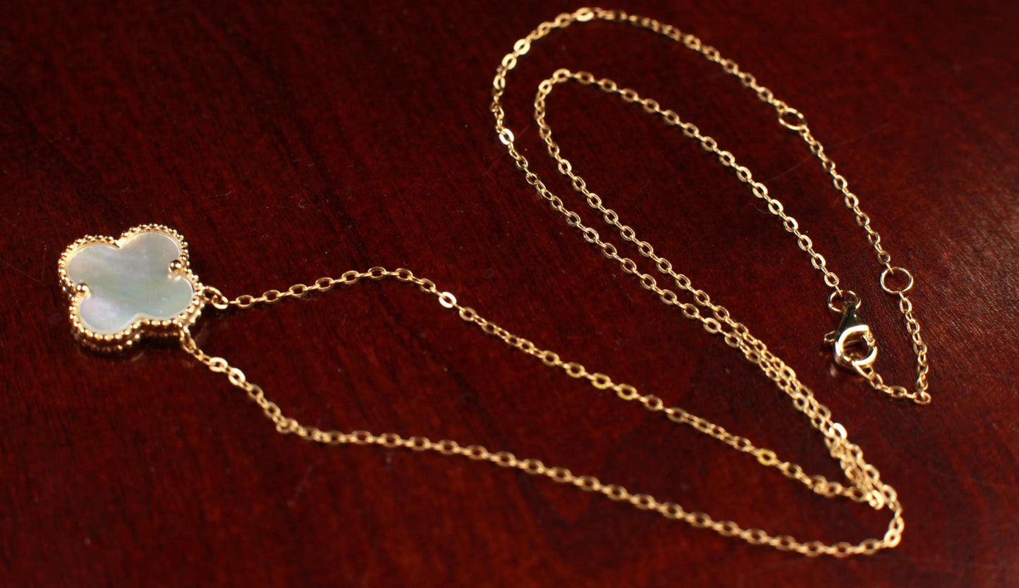 22K Gold Vermeil Sterling Silver White Mother of Pearl Double Sided 16mm four leaf Flower Charm 16” extend to 17” and 18” Necklace, Love