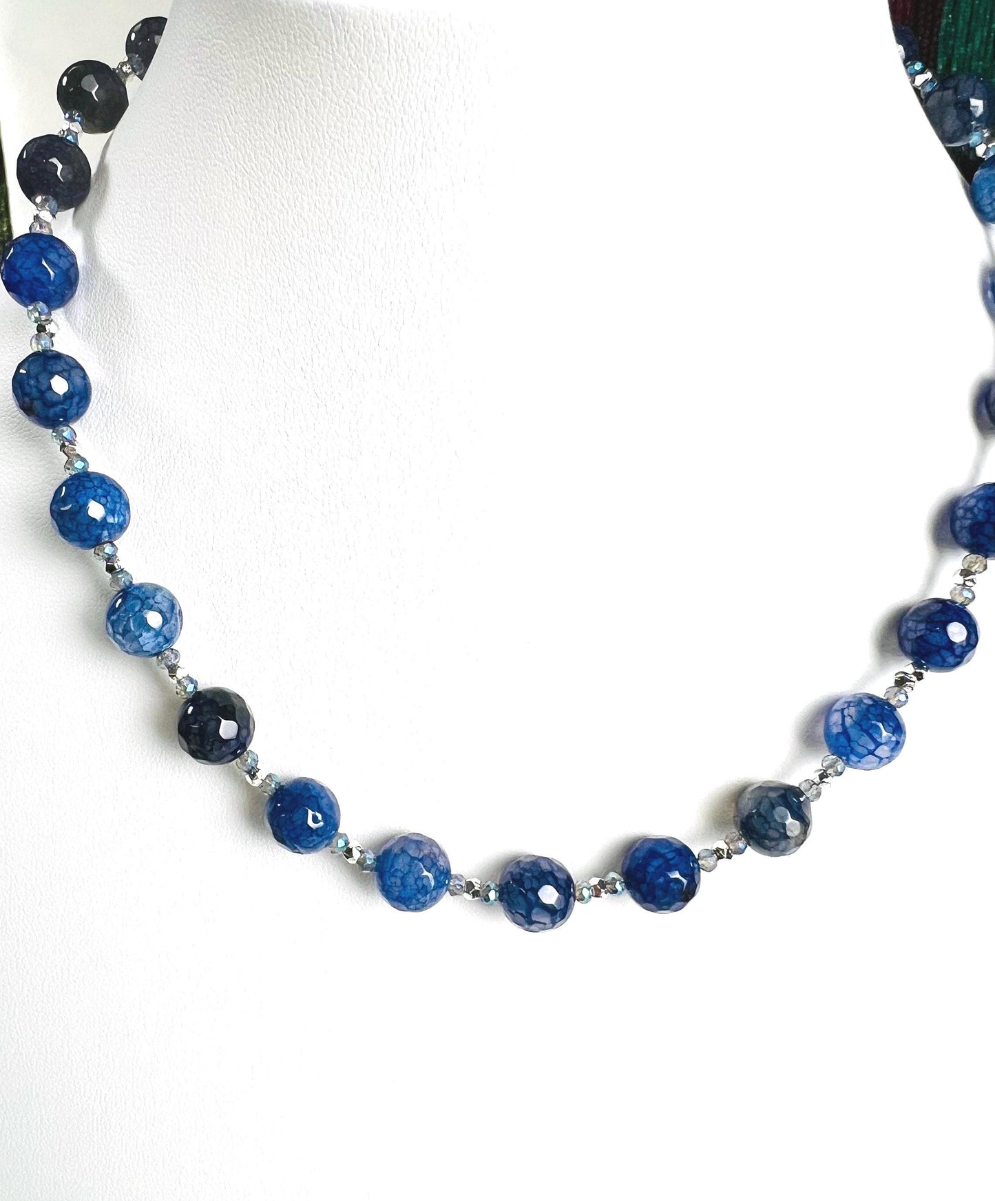 Faceted Fire Agate Natural Blue Round Bead Gemstones Necklace Silver spacer and clasp with optional 2" Extender