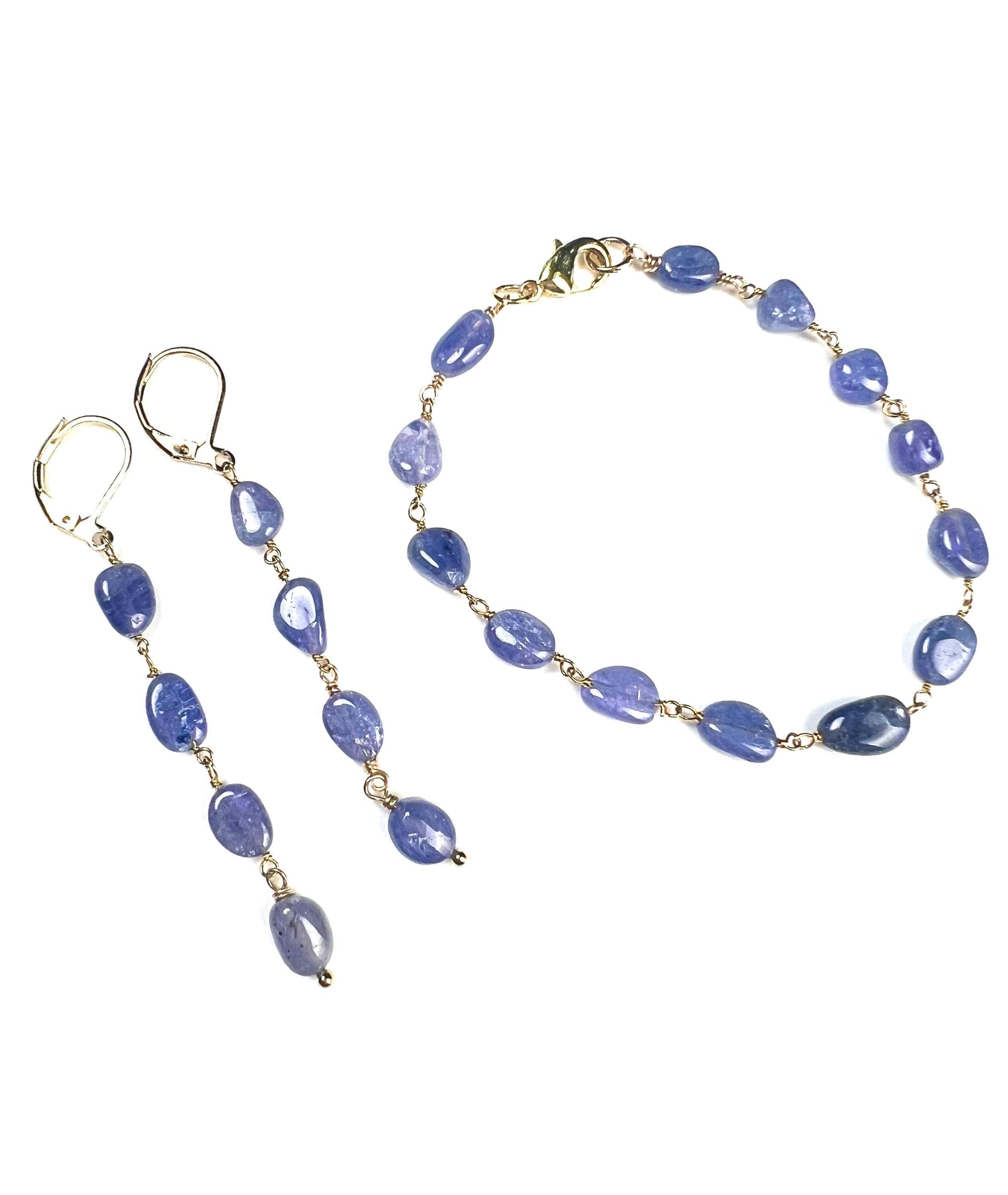 Natural Tanzanite 7-8.5mm oval smooth 18k gold vermeil Wire Wrapped handmade bracelet and earrings Elegant gift