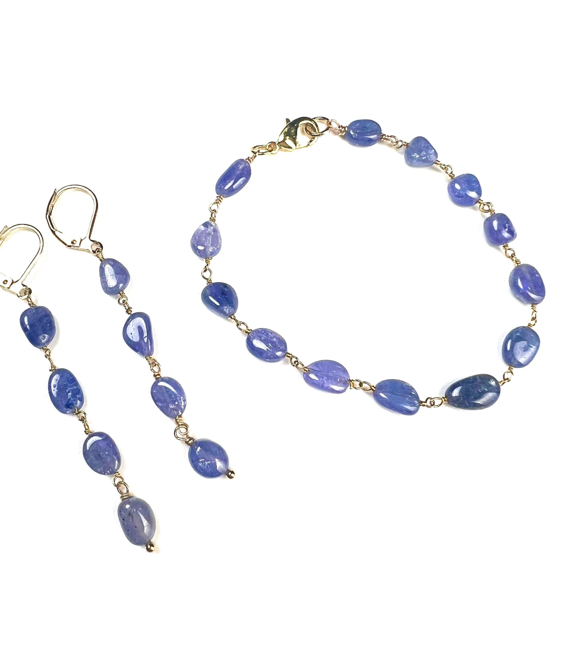 Natural Tanzanite 7-8.5mm oval smooth 18k gold vermeil Wire Wrapped handmade bracelet and earrings Elegant gift