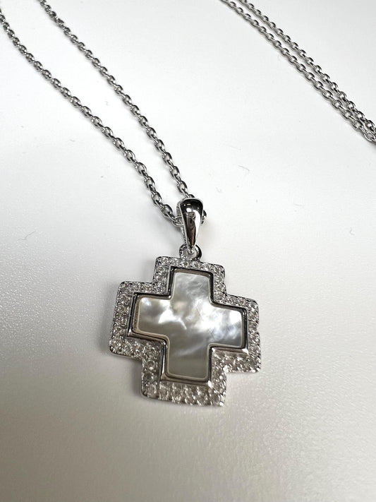 925 Sterling Silver Mother pearl CZ Diamond setting Cross Pendant necklace. Beautiful birthday anniversary gift High quality 925 stamped