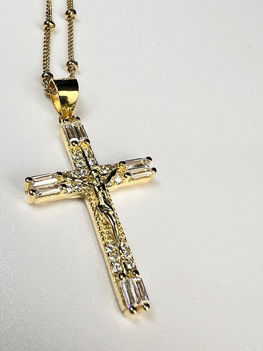18k Gold Vermeil over 925 Sterling Silver Cubic Zirconia CZ Diamonnd baguette setting Cross Pendant Necklace 925 stamped
