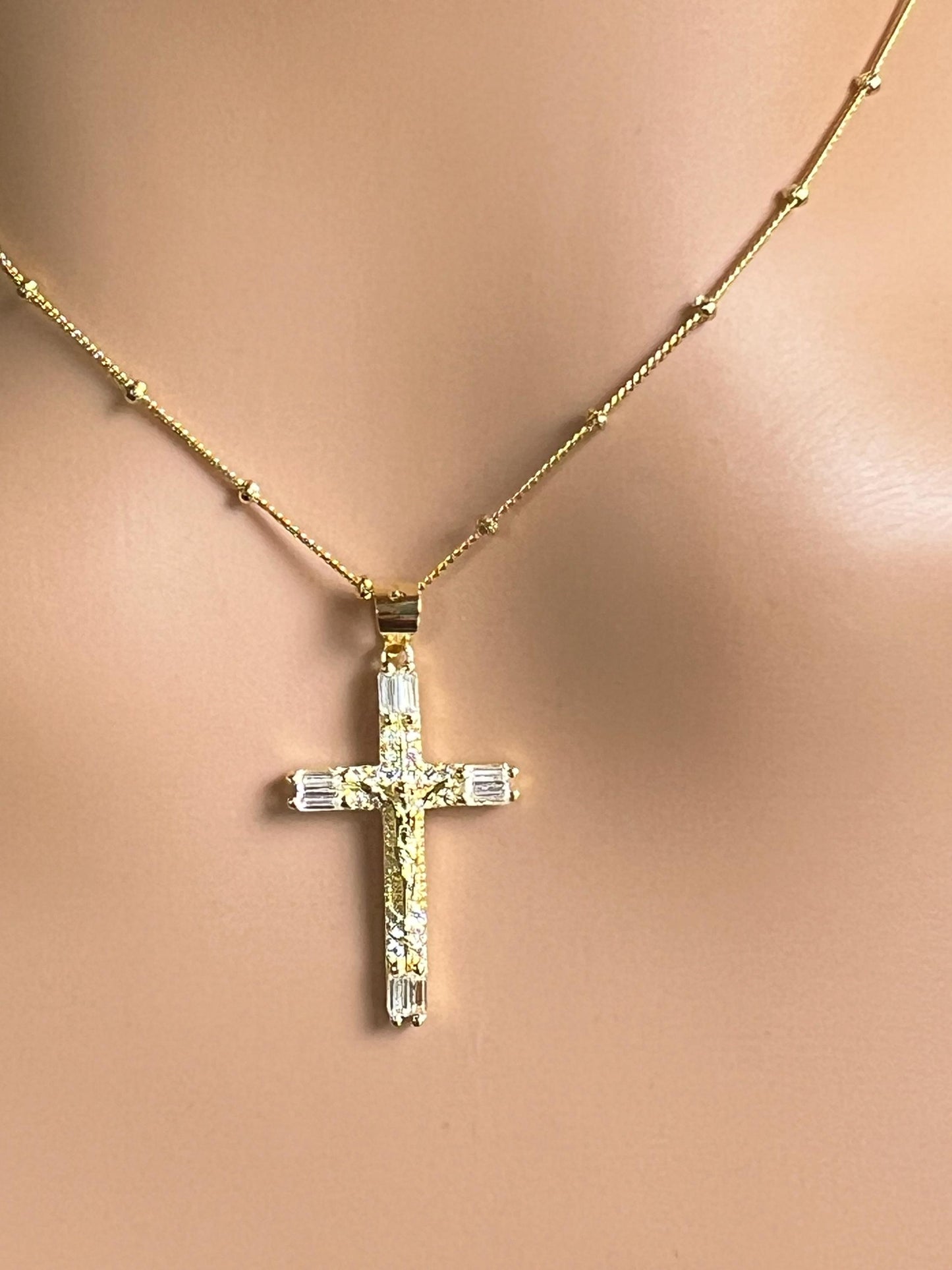 18k Gold Vermeil over 925 Sterling Silver Cubic Zirconia CZ Diamonnd baguette setting Cross Pendant Necklace 925 stamped