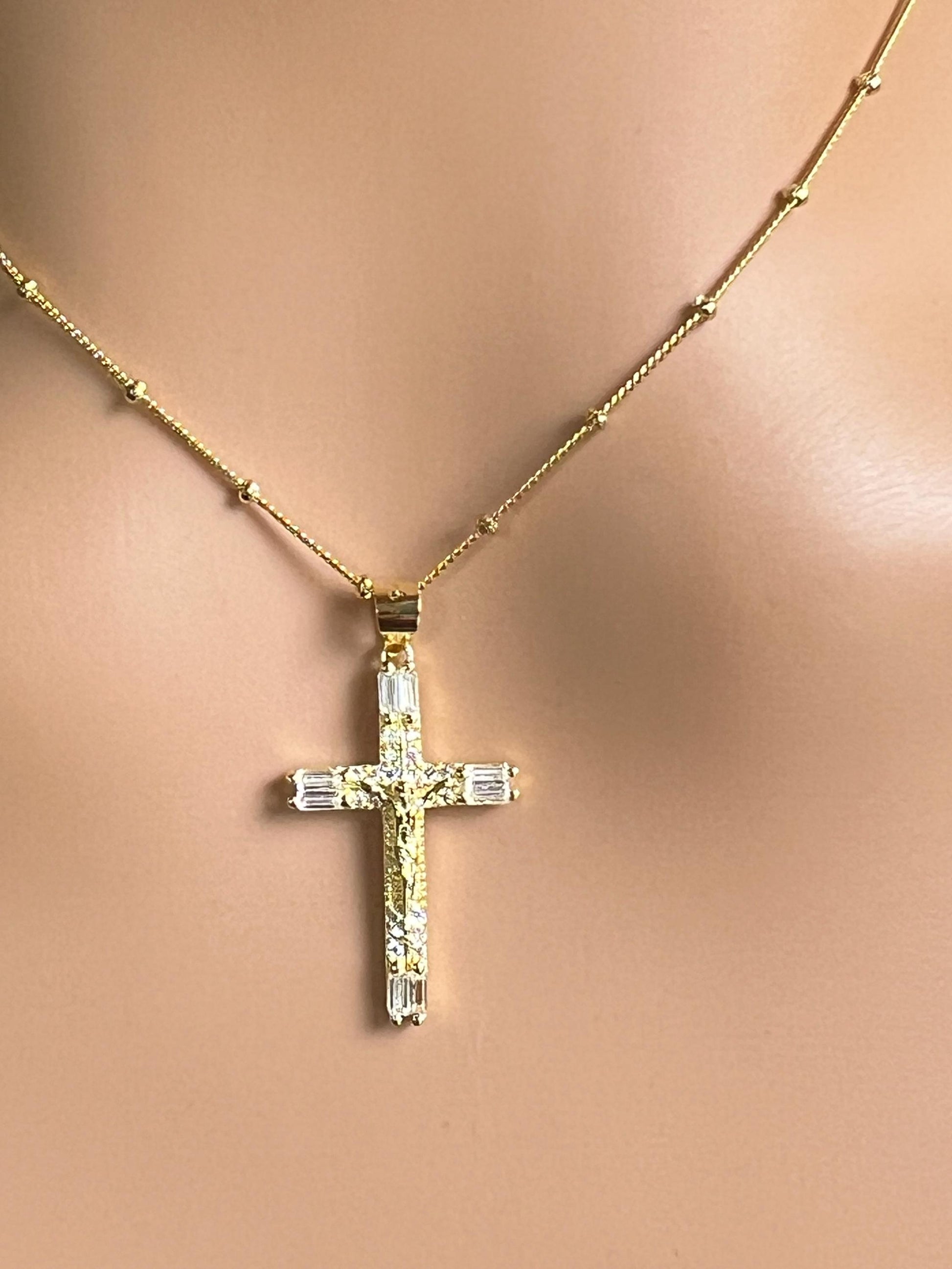 18k Gold Vermeil over 925 Sterling Silver Cubic Zirconia CZ Diamonnd baguette setting Cross Pendant Necklace 925 stamped