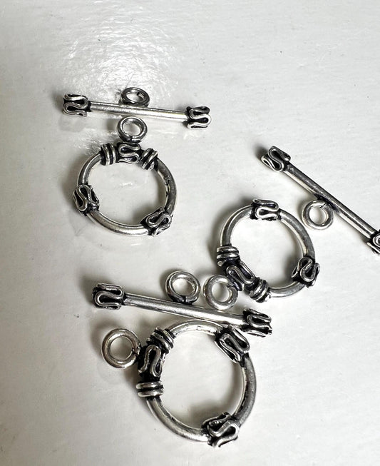 Sterling silver bali toggle clasp, heavy weight 15mm round vintage handmade designed jewelry making toggle clasp, 1set