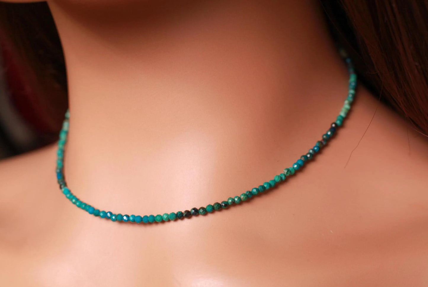 Natural Chrysocolla 2mm Faceted Round with 925 Sterling Silver, Choker Layering Elegant Necklace, Gift