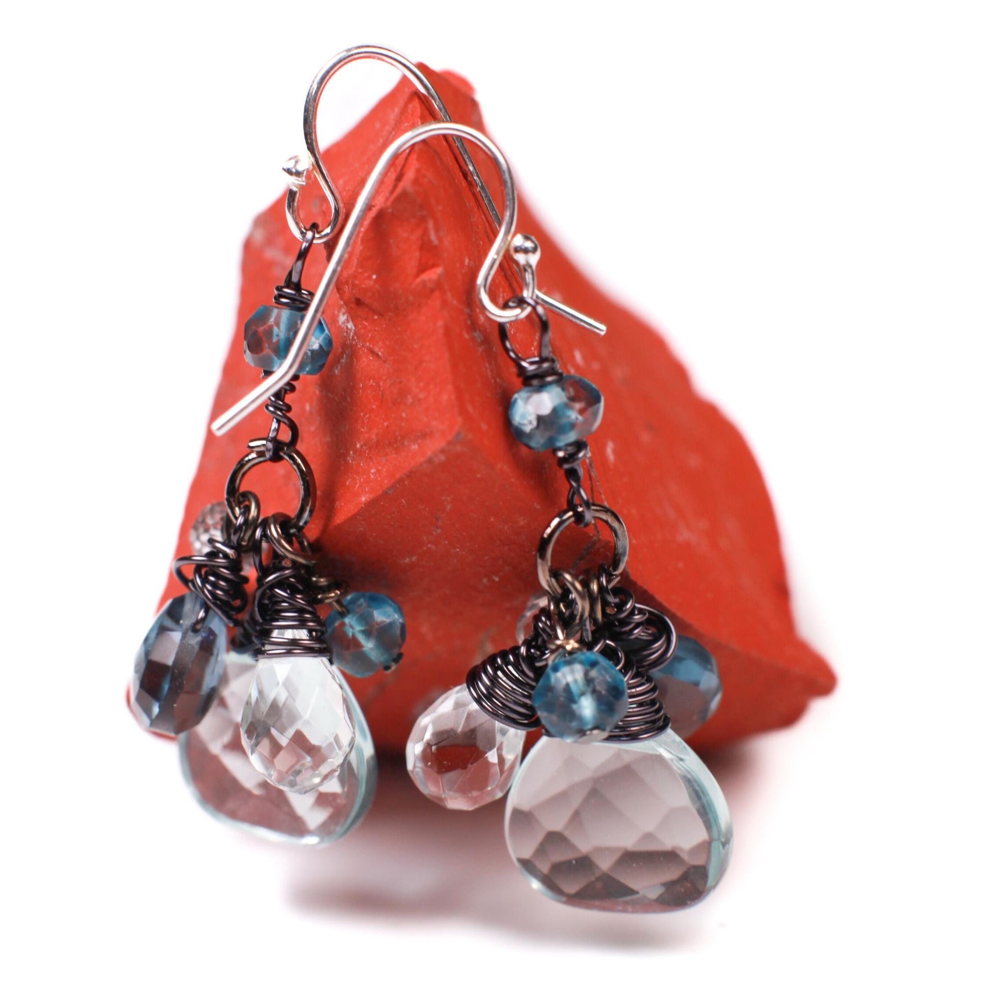 London Blue Topaz, Aquamarine Quartz and Rock Crystal Quartz and Aquamarine cluster earrings.