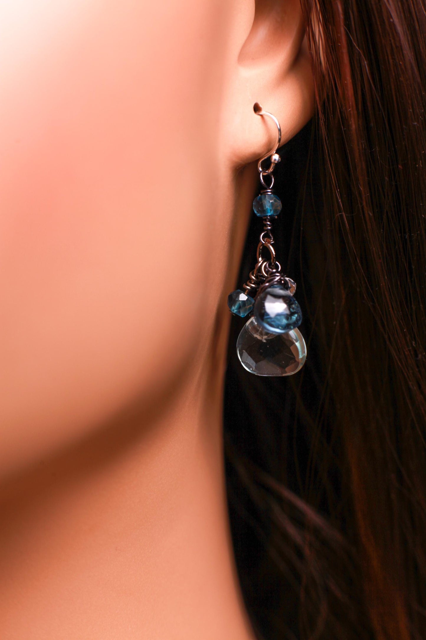 London Blue Topaz, Aquamarine Quartz and Rock Crystal Quartz and Aquamarine cluster earrings.