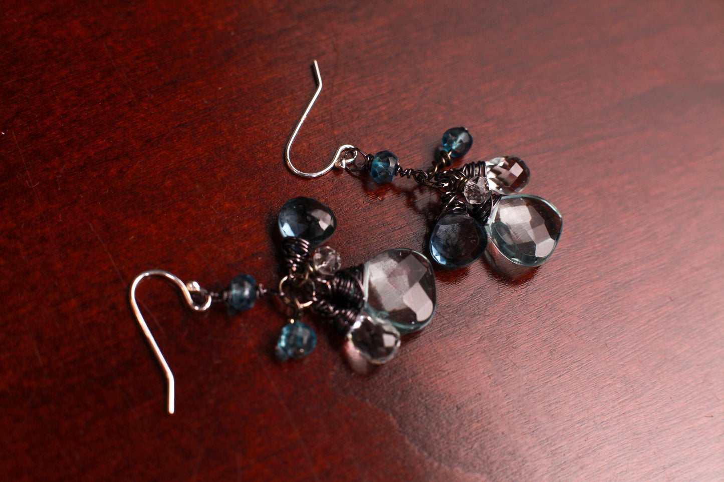 London Blue Topaz, Aquamarine Quartz and Rock Crystal Quartz and Aquamarine cluster earrings.