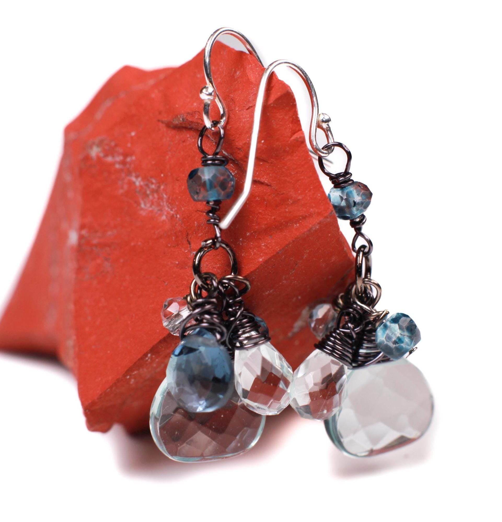 London Blue Topaz, Aquamarine Quartz and Rock Crystal Quartz and Aquamarine cluster earrings.