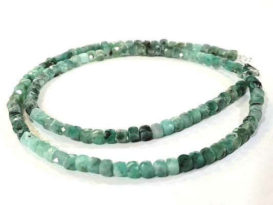 Natural Emerald Ombre 4-4.5mm Faceted Square Cube shape with 925 Sterling Silver Necklace, Energy Chakra Yoga Gift.