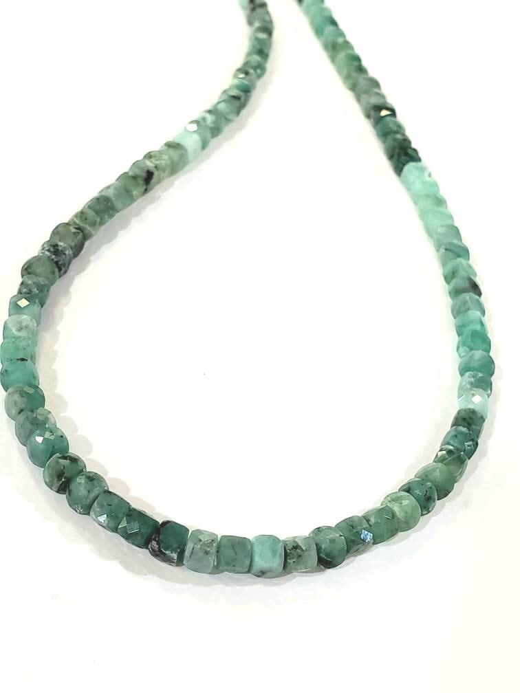 Natural Emerald Ombre 4-4.5mm Faceted Square Cube shape with 925 Sterling Silver Necklace, Energy Chakra Yoga Gift.