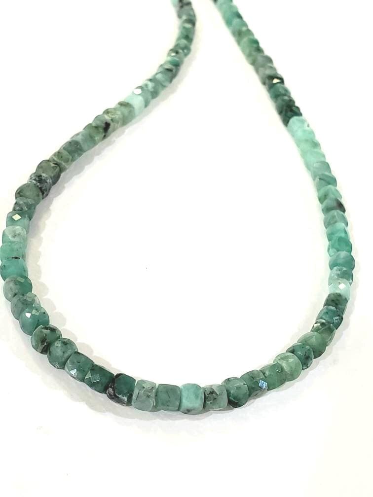 Natural Emerald Ombre 4-4.5mm Faceted Square Cube shape with 925 Sterling Silver Necklace, Energy Chakra Yoga Gift.