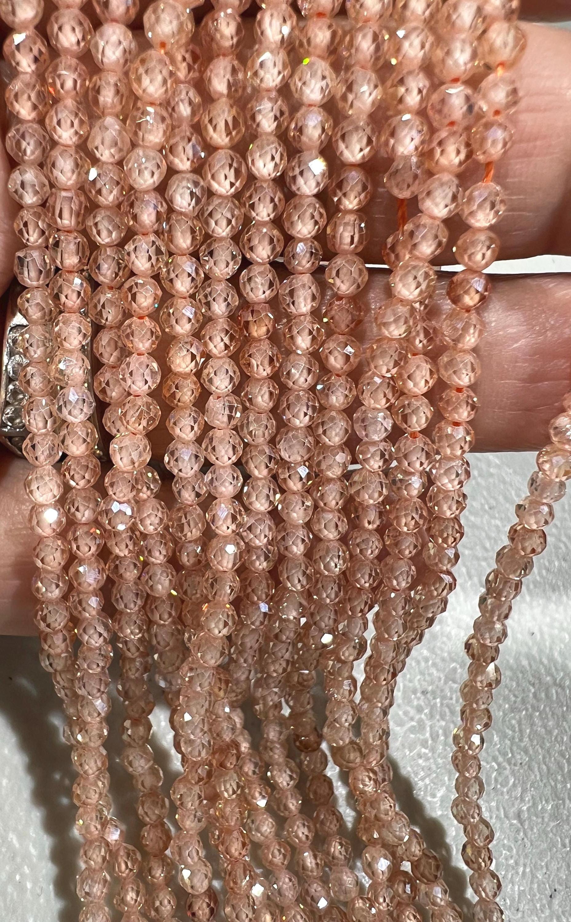 Natural Zircon champagne color Micro Faceted 3mm Round AAA quality bead Jewelry Making Beads Bright peach, beige 14" full Strand heavy wt