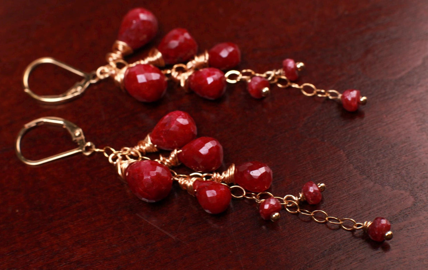 Genuine Ruby faceted 5x7-7x9mm Briolette Cascade 14k Gold Filled Leverback Earrings, Valentine, Bridesmaid, Birthday handmade precious gift.