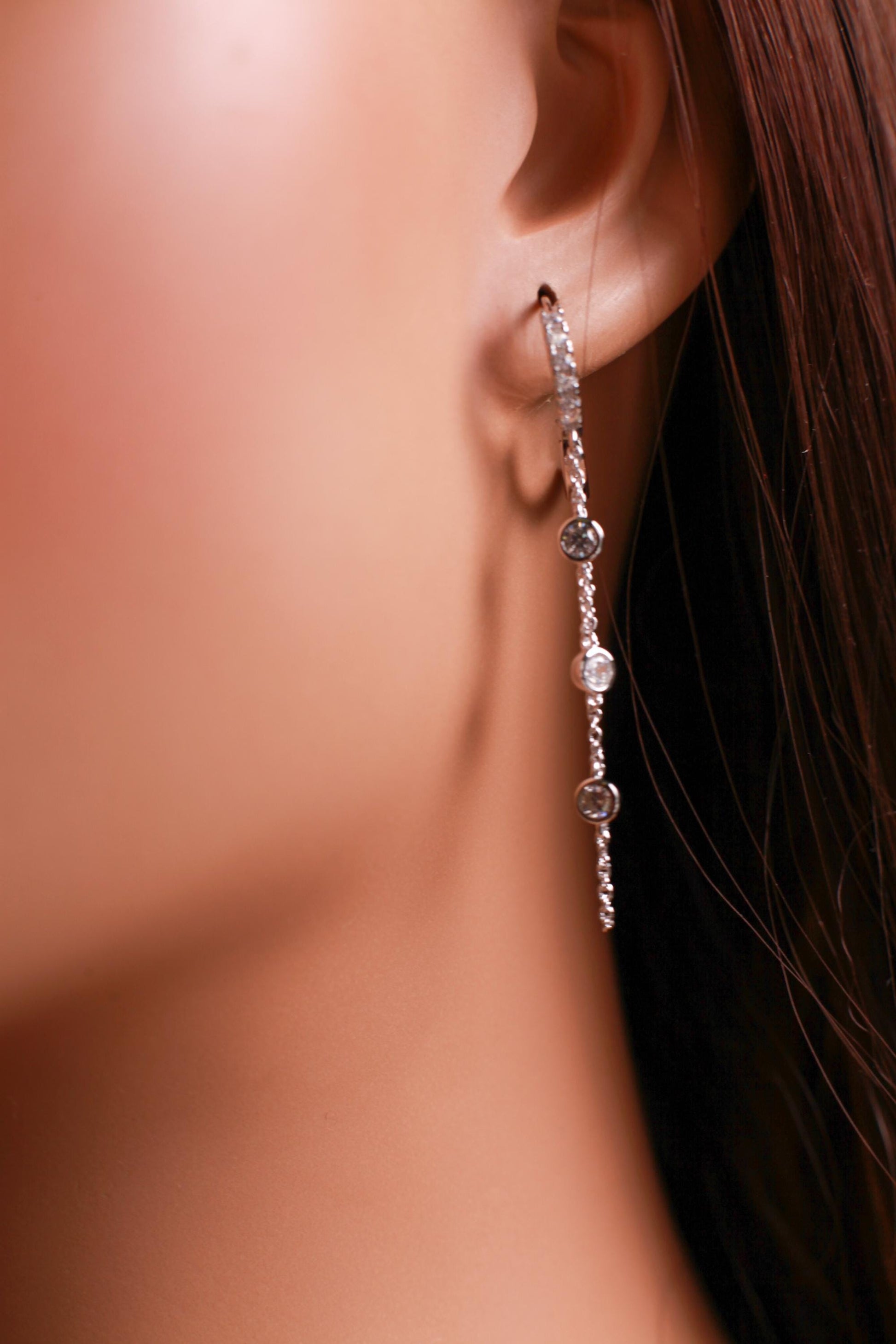 925 Sterling Silver CZ Diamond setting And 2 line chain dangling Huggie Hoop Earring, 925 stamped, beautiful Sterling Silver Earrings.