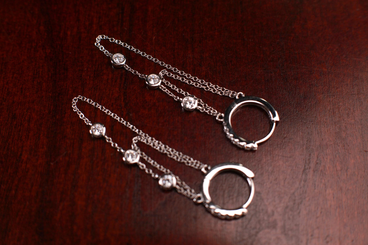 925 Sterling Silver CZ Diamond setting And 2 line chain dangling Huggie Hoop Earring, 925 stamped, beautiful Sterling Silver Earrings.