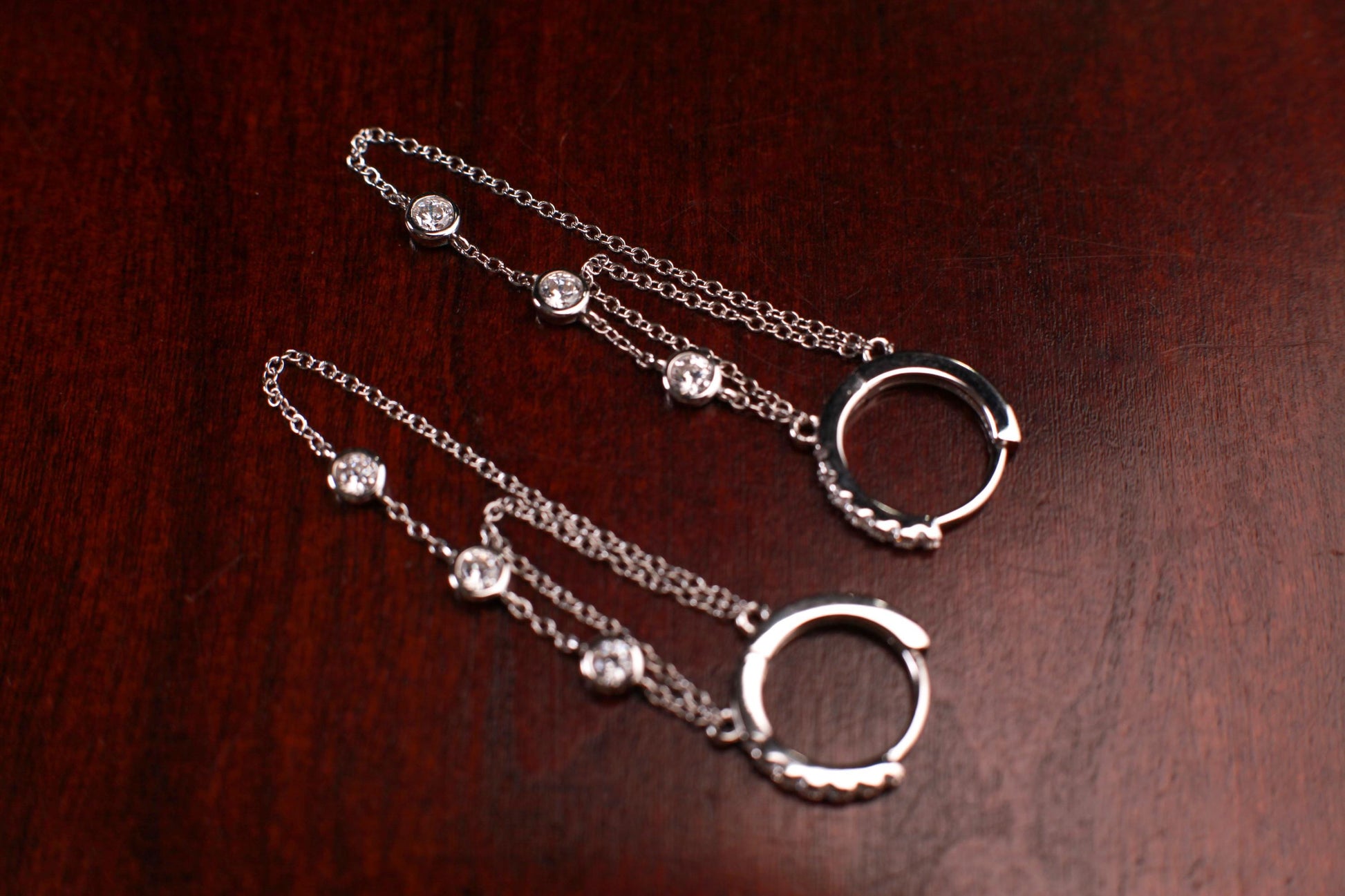 925 Sterling Silver CZ Diamond setting And 2 line chain dangling Huggie Hoop Earring, 925 stamped, beautiful Sterling Silver Earrings.