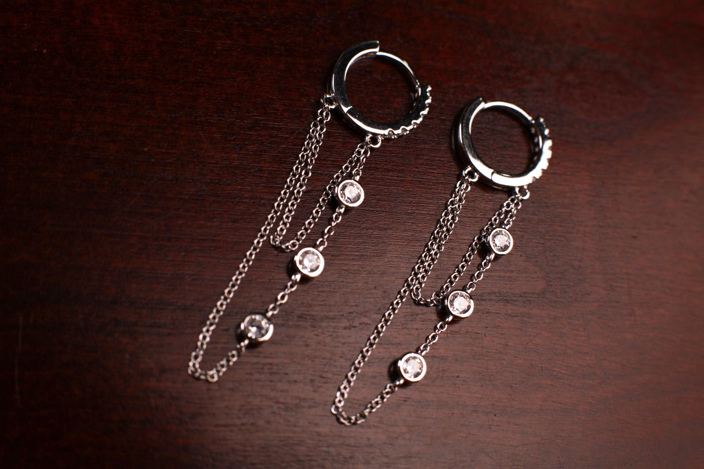 925 Sterling Silver CZ Diamond setting And 2 line chain dangling Huggie Hoop Earring, 925 stamped, beautiful Sterling Silver Earrings.