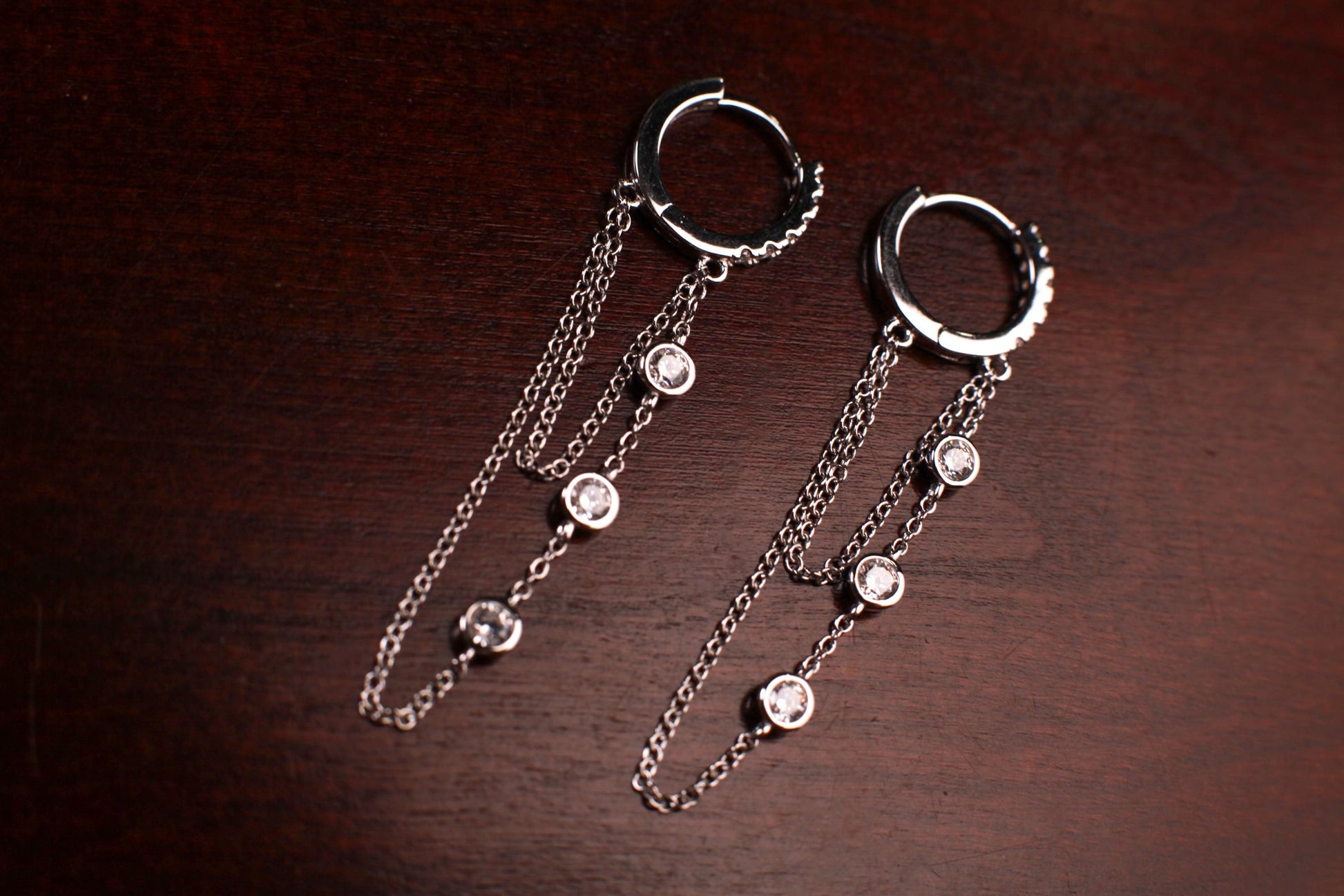 925 Sterling Silver CZ Diamond setting And 2 line chain dangling Huggie Hoop Earring, 925 stamped, beautiful Sterling Silver Earrings.