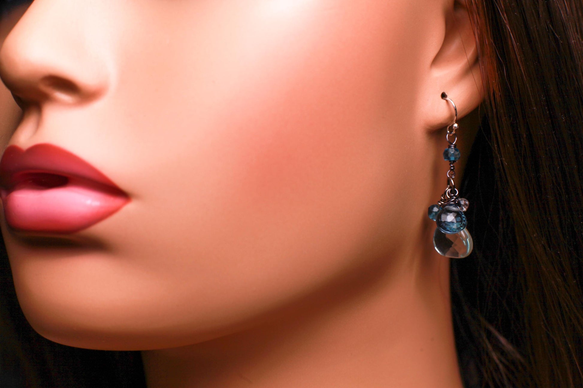 London Blue Topaz, Aquamarine Quartz and Rock Crystal Quartz and Aquamarine cluster earrings.