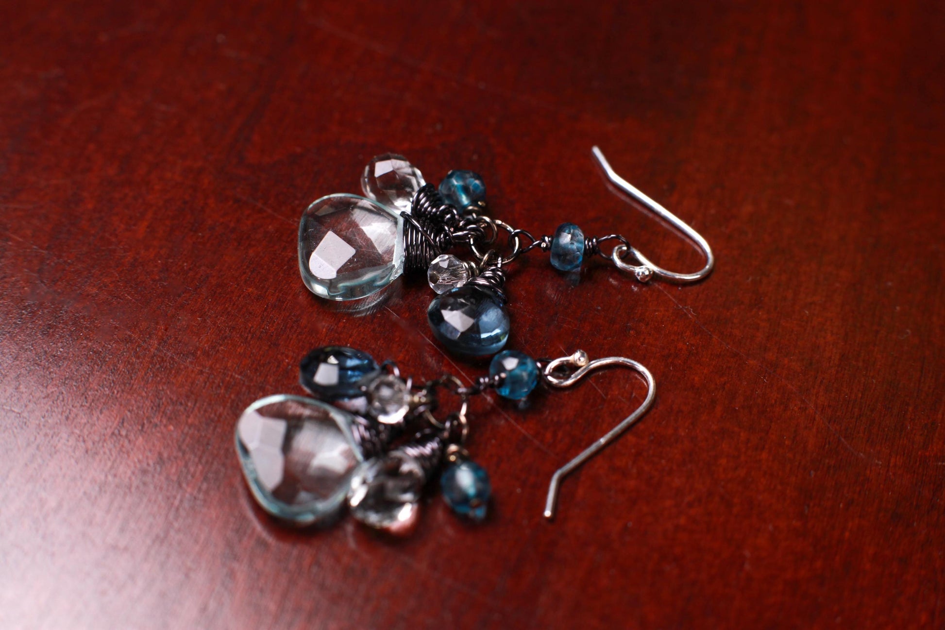 London Blue Topaz, Aquamarine Quartz and Rock Crystal Quartz and Aquamarine cluster earrings.