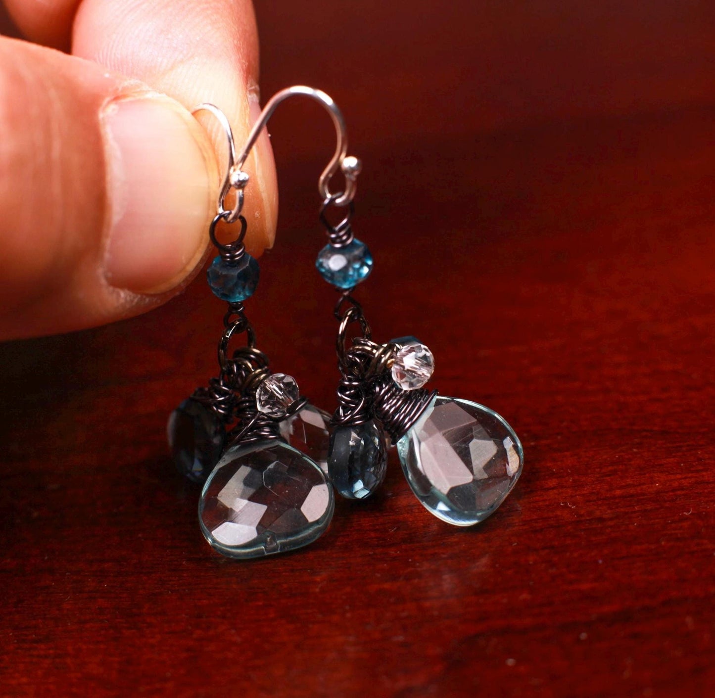 London Blue Topaz, Aquamarine Quartz and Rock Crystal Quartz and Aquamarine cluster earrings.