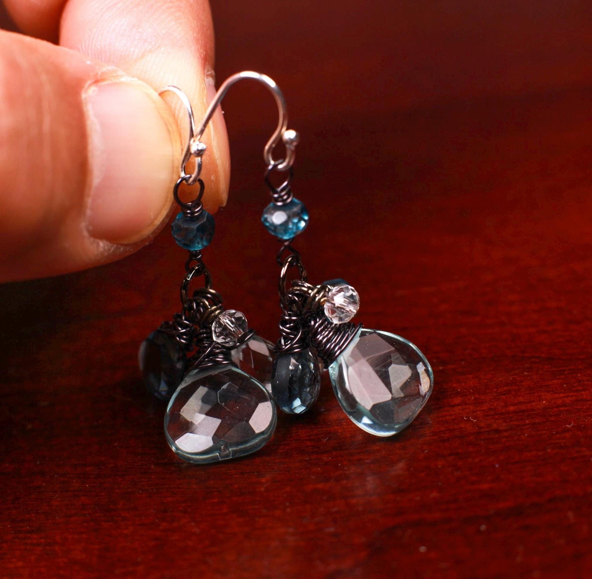 London Blue Topaz, Aquamarine Quartz and Rock Crystal Quartz and Aquamarine cluster earrings.