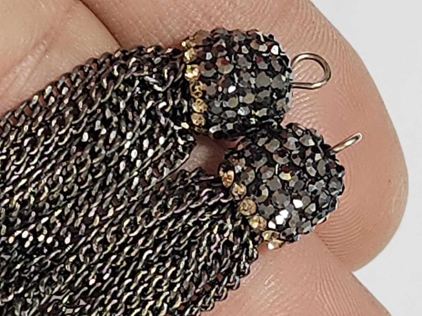 2 pieces black Gun Metal 10mm Rhinestone Crystal Cap Tassel with Gold, Silver line, Jewelry making Earrings, Pendant Findings. 70mm Long