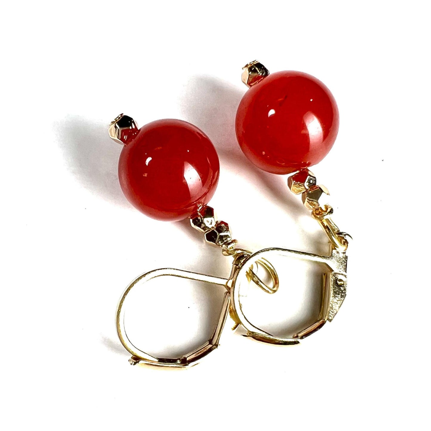 Natural Carnelian Red 10mm smooth round gold leverback earring, handmade gift
